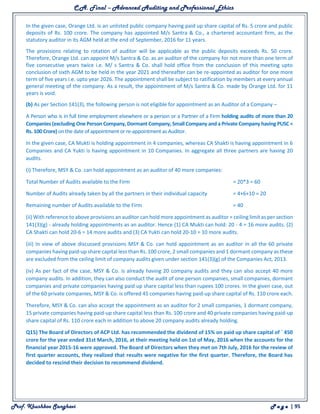 C.A. Final – Advanced Auditing and Professional Ethics
Prof. Khushboo Sanghavi P a g e | 95
In the given case, Orange Ltd. is an unlisted public company having paid up share capital of Rs. 5 crore and public
deposits of Rs. 100 crore. The company has appointed M/s Santra & Co., a chartered accountant firm, as the
statutory auditor in its AGM held at the end of September, 2016 for 11 years.
The provisions relating to rotation of auditor will be applicable as the public deposits exceeds Rs. 50 crore.
Therefore, Orange Ltd. can appoint M/s Santra & Co. as an auditor of the company for not more than one term of
five consecutive years twice i.e. M/ s Santra & Co. shall hold office from the conclusion of this meeting upto
conclusion of sixth AGM to be held in the year 2021 and thereafter can be re-appointed as auditor for one more
term of five years i.e. upto year 2026. The appointment shall be subject to ratification by members at every annual
general meeting of the company. As a result, the appointment of M/s Santra & Co. made by Orange Ltd. for 11
years is void.
(b) As per Section 141(3), the following person is not eligible for appointment as an Auditor of a Company –
A Person who is in full time employment elsewhere or a person or a Partner of a Firm holding audits of more than 20
Companies (excluding One Person Company, Dormant Company, Small Company and aPrivateCompany having PUSC <
Rs. 100 Crore) on the date of appointment or re-appointment as Auditor.
In the given case, CA Mukti is holding appointment in 4 companies, whereas CA Shakti is having appointment in 6
Companies and CA Yukti is having appointment in 10 Companies. In aggregate all three partners are having 20
audits.
(i) Therefore, MSY & Co. can hold appointment as an auditor of 40 more companies:
Total Number of Audits available to the Firm = 20*3 = 60
Number of Audits already taken by all the partners in their individual capacity = 4+6+10 = 20
Remaining number of Audits available to the Firm = 40
(ii) With reference to above provisions an auditor can hold more appointment as auditor = ceiling limit as per section
141(3)(g) - already holding appointments as an auditor. Hence (1) CA Mukti can hold: 20 - 4 = 16 more audits. (2)
CA Shakti can hold 20-6 = 14 more audits and (3) CA Yukti can hold 20-10 = 10 more audits.
(iii) In view of above discussed provisions MSY & Co. can hold appointment as an auditor in all the 60 private
companies having paid-up share capital less than Rs. 100 crore, 2 small companies and 1 dormant company as these
are excluded from the ceiling limit of company audits given under section 141(3)(g) of the Companies Act, 2013.
(iv) As per fact of the case, MSY & Co. is already having 20 company audits and they can also accept 40 more
company audits. In addition, they can also conduct the audit of one person companies, small companies, dormant
companies and private companies having paid up share capital less than rupees 100 crores. In the given case, out
of the 60 private companies, MSY & Co. is offered 45 companies having paid-up share capital of Rs. 110 crore each.
Therefore, MSY & Co. can also accept the appointment as an auditor for 2 small companies, 1 dormant company,
15 private companies having paid-up share capital less than Rs. 100 crore and 40 private companies having paid-up
share capital of Rs. 110 crore each in addition to above 20 company audits already holding.
Q15) The Board of Directors of ACP Ltd. has recommended the dividend of 15% on paid up share capital of ` 450
crore for the year ended 31st March, 2016, at their meeting held on 1st of May, 2016 when the accounts for the
financial year 2015-16 were approved. The Board of Directors when they met on 7th July, 2016 for the review of
first quarter accounts, they realized that results were negative for the first quarter. Therefore, the Board has
decided to rescind their decision to recommend dividend.
 