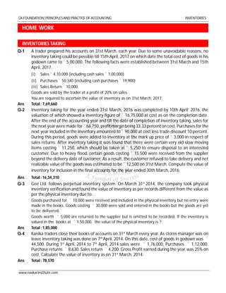www.navkarinstitute.com
CA FOUNDATION|PRINCIPLESAND PRACTICE OF ACCOUNTING INVENTORIES
HOME WORK
INVENTORIES TAKING
Q-1 A trader prepared his accounts on 31st March, each year. Due to some unavoidable reasons, no
inventory taking could be possible till 15th April, 2017 on which date the total cost of goods in his
godown came to ` 5,00,000. The following facts were established between 31st March and 15th
April, 2017.
(i) Sales ` 4,10,000 (including cash sales ` 1,00,000)
(ii) Purchases ` 50,340 (including cash purchases ` 19,900)
(iii) Sales Return ` 10,000.
Goods are sold by the trader at a profit of 20% on sales.
You are required to ascertain the value of inventory as on 31st March, 2017.
Ans Total: 7,69,660
Q-2 Inventory taking for the year ended 31st March, 2016 was completed by 10th April’ 2016, the
valuation of which showed a inventory figure of ` 16,75,000 at cost as on the completion date.
After the end of the accounting year and till the date of completion of inventory taking, sales for
the next yearwere made for ` 68,750, profit margin being 33.33 percent on cost. Purchases for the
next year included in the inventory amounted to ` 90,000 at cost less trade discount 10 percent.
During this period, goods were added to inventory at the mark up price of ` 3,000 in respect of
sales returns. After inventory taking it was found that there were certain very old slow moving
items costing ` 11,250, which should be taken at ` 5,250 to ensure disposal to an interested
customer. Due to heavy flood, certain goods costing ` 15,500 were received from the supplier
beyond the delivery date of customer. As a result, the customer refused to take delivery and net
realizable value of the goods was estimated to be ` 12,500 on 31st March. Compute the value of
inventory for inclusion in the final accounts for the year ended 30th March, 2016.
Ans Total: 16,34,310
Q-3 Gee Ltd. follows perpetual inventory system. On March 31st
2014, the company took physical
inventory verification and found the value of inventory as per records different from the value as
per the physical inventory due to:
Goods purchased for ` 10,000 were received and included in the physical inventory but no entry were
made in the books. Goods costing ` 30,000 were sold and entered in the books but the goods are yet
to be delivered.
Goods worth ` 5,000 are returned to the supplier but is omitted to be recorded. If the inventory is
valued in the books at ` 1,50,000, the value of the physical inventory is ?.
Ans Total: 1,85,000
Q-4 Kanika traders close their books of accounts on 31st
March every year. As stores manager was on
leave inventory taking was done on 7th
April, 2014. On this date, cost of goods in godown was `
44,500. During 1st
April, 2014 to 7th
April, 2014 sales were ` 1,76,000, Purchases ` 1,12,000.
Purchase returns ` 8,630. Sales return ` 4,200. Gross Profit earned during the year was 25% on
cost. Calculate the value of inventory as on 31st
March, 2014.
Ans Total : 78,570
 