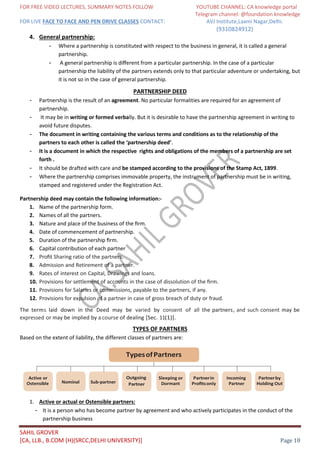 FOR FREE VIDEO LECTURES, SUMMARY NOTES FOLLOW YOUTUBE CHANNEL: CA knowledge portal
Telegram channel: @foundation knowledge
FOR LIVE FACE TO FACE AND PEN DRIVE CLASSES CONTACT: AVJ Institute,Laxmi Nagar,Delhi.
(9310824912)
SAHIL GROVER
[CA, LLB., B.COM (H)(SRCC,DELHI UNIVERSITY)] Page 10
4. General partnership:
- Where a partnership is constituted with respect to the business in general, it is called a general
partnership.
- A general partnership is diﬀerent from a particular partnership. In the case of a particular
partnership the liability of the partners extends only to that particular adventure or undertaking, but
it is not so in the case of general partnership.
PARTNERSHIP DEED
- Partnership is the result of an agreement. No particular formalities are required for an agreement of
partnership.
- It may be in writing or formed verbally. But it is desirable to have the partnership agreement in writing to
avoid future disputes.
- The document in writing containing the various terms and conditions as to the relationship of the
partners to each other is called the ‘partnership deed’.
- It is a document in which the respective rights and obligations of the members of a partnership are set
forth .
- It should be drafted with care and be stamped according to the provisions of the Stamp Act, 1899.
- Where the partnership comprises immovable property, the instrument of partnership must be in writing,
stamped and registered under the Registration Act.
Partnership deed may contain the following information:-
1. Name of the partnership form.
2. Names of all the partners.
3. Nature and place of the business of the ﬁrm.
4. Date of commencement of partnership.
5. Duration of the partnership ﬁrm.
6. Capital contribution of each partner
7. Proﬁt Sharing ratio of the partners.
8. Admission and Retirement of a partner.
9. Rates of interest on Capital, Drawings and loans.
10. Provisions for settlement of accounts in the case of dissolution of the ﬁrm.
11. Provisions for Salaries or commissions, payable to the partners, if any.
12. Provisions for expulsion of a partner in case of gross breach of duty or fraud.
The terms laid down in the Deed may be varied by consent of all the partners, and such consent may be
expressed or may be implied by a course of dealing [Sec. 11(1)].
TYPES OF PARTNERS
Based on the extent of liability, the different classes of partners are:
1. Active or actual or Ostensible partners:
- It is a person who has become partner by agreement and who actively participates in the conduct of the
partnership business
TypesofPartners
Active or
Ostensible
Outgoing
Nominal Sub-partner Partner
Sleeping or Partnerin Incoming Partnerby
Dormant Proﬁtsonly Partner Holding Out
 