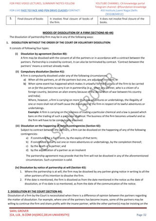 FOR FREE VIDEO LECTURES, SUMMARY NOTES FOLLOW YOUTUBE CHANNEL: CA knowledge portal
Telegram channel: @foundation knowledge
FOR LIVE FACE TO FACE AND PEN DRIVE CLASSES CONTACT: AVJ Institute,Laxmi Nagar,Delhi.
(9310824912)
SAHIL GROVER
[CA, LLB., B.COM (H)(SRCC,DELHI UNIVERSITY)] Page 32
5. Final closure of books It involves ﬁnal closure of books of
the ﬁrm.
It does not involve ﬁnal closure of the
books.
MODES OF DISSOLUTION OF A FIRM (SECTIONS 40-44)
The dissolution of partnership ﬁrm may be in any of the following ways:
1. DISSOLUTION WITHOUT THE ORDER OF THE COURT OR VOLUNTARY DISSOLUTION:
It consists of following four types:
(i) Dissolution by agreement (Section 40):
A firm may be dissolved with the consent of all the partners or in accordance with a contract between the
partners. Partnership is created by contract, it can also be terminated by contract. ‘Contract between the
partners’ means a contract already made.
(ii) Compulsory dissolution (Section 41):
A firm is compulsorily dissolved under any of the following circumstances:
a) When all the partners, or all the partners but one, are adjudged insolvent; or
b) When some event has happened which makes it unlawful for the business of the firm to be carried
on or for the partners to carry it on in partnership (e.g., when any partner, who is a citizen of a
foreign country, becomes an alien enemy because of the declaration of war between his country
and India).
Where, however, a firm is carrying on more than one adventures or undertakings, the illegality of
one or more shall not of itself cause the dissolution of the firm in respect of its lawful adventures or
undertakings.
Example: A ﬁrm is carrying on the business of trading a particular chemical and a law is passed which
bans on the trading of such a particular chemical. The business of the ﬁrm becomes unlawful and so
the ﬁrm will have to be compulsorily dissolved.
(iii) Dissolution on the happening of certain contingencies (Section 42):
Subject to contract between the partners, a ﬁrm can be dissolved on the happening of any of the following
contingencies-
a) if constituted for a fixed term, by the expiry of that term;
b) if constituted to carry out one or more adventures or undertakings, by the completion thereof;
c) by the death of a partner; and
d) by the adjudication of a partner as an insolvent
The partnership agreement may provide that the firm will not be dissolved in any of the aforementioned
circumstances. Such a provision is valid.
(iv) Dissolution by notice of partnership at will (Section 43):
1. Where the partnership is at will, the firm may be dissolved by any partner giving notice in writing to all the
other partners of his intention to dissolve the firm.
2. If the date is mentioned, the firm is dissolved as from the date mentioned in the notice as the date of
dissolution, or if no date is so mentioned, as from the date of the communication of the notice.
2. DISSOLUTION BY THE COURT (SECTION 44):
Dissolution of a firm by the Court is necessitated when there is a difference of opinion between the partners regarding
the matter of dissolution. For example, where one of the partners has become insane, some of the partners may be
willing to continue the firm and share profits with the insane partner, while the other partner(s) may be insisting on the
 