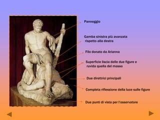 Panneggio
Gamba sinistra più avanzata
rispetto alla destra
Filo donato da Arianna
Superficie liscia delle due figure e
ruvida quella del masso
Due direttrici principali
Completa riflessione della luce sulle figure
Due punti di vista per l’osservatore
 