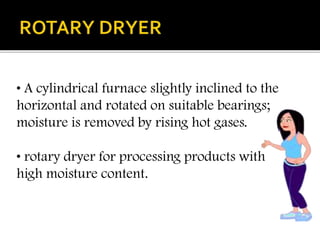 • A cylindrical furnace slightly inclined to the
horizontal and rotated on suitable bearings;
moisture is removed by rising hot gases.
• rotary dryer for processing products with
high moisture content.

 