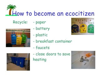 Recycle:  - paper  - battery - plastic - breakfast container - faucets - close doors to save  heating How to become an ecocitizen 