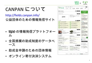 
3
CANPAN ˤĤ
http://fields.canpan.info/
Τkť
? NPO kťץåȥե`

? ȫҎģƶȤΥǩ`
`
? ɽՈΤ·
? 饤ĸQgƥ
 