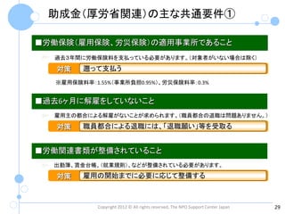 助成金（厚労省関連）の主な共通要件①

■労働保険（雇用保険、労災保険）の適用事業所であること
  過去３年間に労働保険料を支払っている必要があります。（対象者がいない場合は除く）

   対策   遡って支払う
  ※雇用保険料率：1.55%（事業所負担0.95%）、労災保険料率：0.3%


■過去6ヶ月に解雇をしていないこと
  雇用主の都合による解雇がないことが求められます。（職員都合の退職は問題ありません。）

   対策   職員都合による退職には、「退職願い」等を受取る


■労働関連書類が整備されていること
  出勤簿、賃金台帳、（就業規則）、などが整備されている必要があります。

   対策   雇用の開始までに必要に応じて整備する



            Copyright 2012 © All rights reserved, The NPO Support Center Japan   29
 