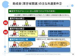 助成金（厚労省関連）の主な共通要件②

     ■雇用予約がないこと（求人段階での公平性の確保）
        求人段階で、特定の人を雇用することが決まっている場合には助成金の対象となりません。

     雇用予約の例①
                                     ・求人前に雇用することを約束している
NG                                   ・求人前に面接を行っている
     ≪雇用主≫    ≪求職者≫                  ・求人前に、事前研修等を受けている

     雇用予約の例②
           今度スタッフを募集する                       ・理事（有給・無給）
NG         からハローワークから                        ・アルバイト、非常勤スタッフ
     ≪雇用主≫ 申込をして。                      ≪求職者≫ ・ボランティア など

     雇用予約ではない例                      ※窓口によって、判断が異なる場合があります。

             ハローワークに                                          ハローワークで偶然求人
             求人を出そう                                           を見つけた！応募しよう。
     ≪雇用主≫                              ≪求職者≫
     ・過去3年以内に、雇用関係、賃金の支払いがない
     ・特定の求職者に対して、優遇措置をおこなっていない
                Copyright 2012 © All rights reserved, The NPO Support Center Japan   30
 