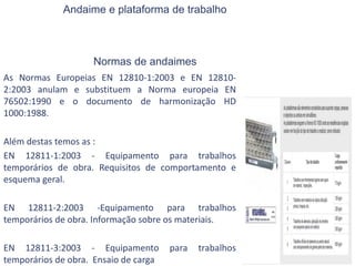 Andaime e plataforma de trabalho
Normas de andaimes
As Normas Europeias EN 12810-1:2003 e EN 12810-
2:2003 anulam e substituem a Norma europeia EN
76502:1990 e o documento de harmonização HD
1000:1988.
Além destas temos as :
EN 12811-1:2003 - Equipamento para trabalhos
temporários de obra. Requisitos de comportamento e
esquema geral.
EN 12811-2:2003 -Equipamento para trabalhos
temporários de obra. Informação sobre os materiais.
EN 12811-3:2003 - Equipamento para trabalhos
temporários de obra. Ensaio de carga
 
