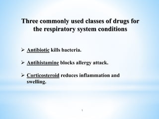 Three commonly used classes of drugs for
the respiratory system conditions
 Antibiotic kills bacteria.
 Antihistamine blocks allergy attack.
 Corticosteroid reduces inflammation and
swelling.
1
 