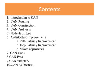 Contents
1. Introduction to CAN
2. CAN Routing
3. CAN Construction
4. CAN Problems
5. Node departure
6. Architecture improvements
a. Path Latency Improvement
b. Hop Latency Improvement
c. Mixed approaches
7. CAN Cons
8.CAN Pros
9.CAN summary
10.CAN References
 