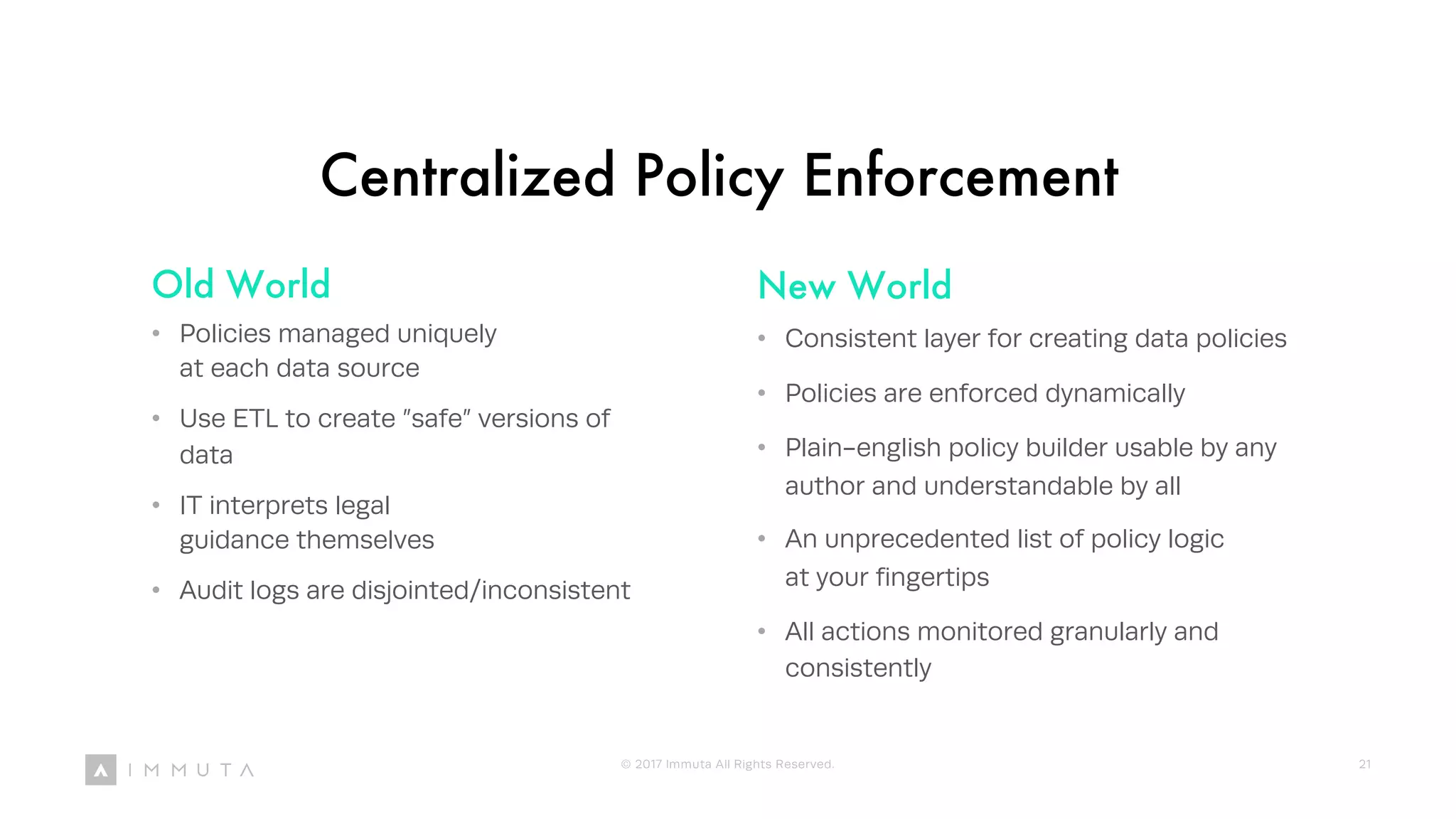 Centralized Policy Enforcement
Old World
• Policies managed uniquely
at each data source
• Use ETL to create ”safe” versions of
data
• IT interprets legal
guidance themselves
• Audit logs are disjointed/inconsistent
New World
• Consistent layer for creating data policies
• Policies are enforced dynamically
• Plain-english policy builder usable by any
author and understandable by all
• An unprecedented list of policy logic
at your fingertips
• All actions monitored granularly and
consistently
© 2017 Immuta All Rights Reserved. 21
 