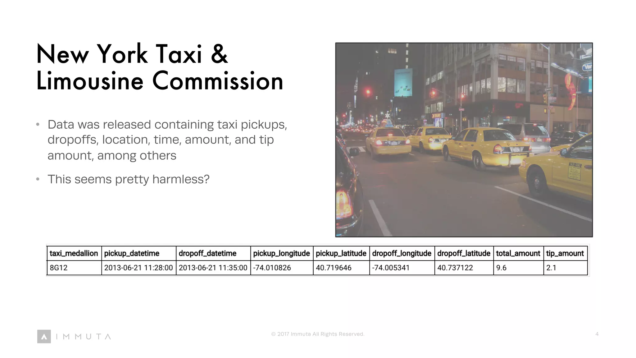 New York Taxi &
Limousine Commission
• Data was released containing taxi pickups,
dropoffs, location, time, amount, and tip
amount, among others
• This seems pretty harmless?
© 2017 Immuta All Rights Reserved. 4
 