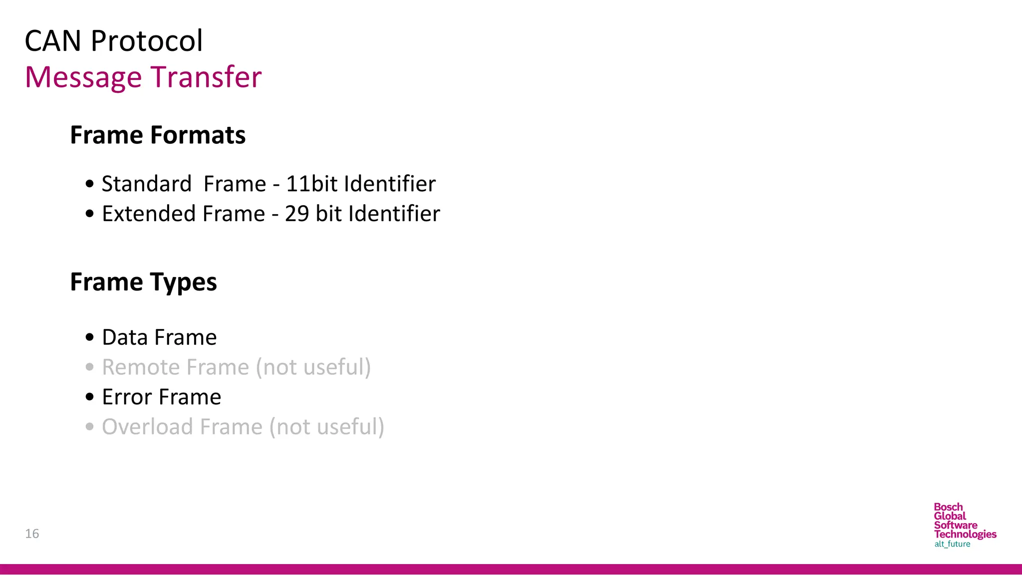 CAN Protocol
16
Message Transfer
Frame Formats
• Standard Frame - 11bit Identifier
• Extended Frame - 29 bit Identifier
Frame Types
• Data Frame
• Remote Frame (not useful)
• Error Frame
• Overload Frame (not useful)
 