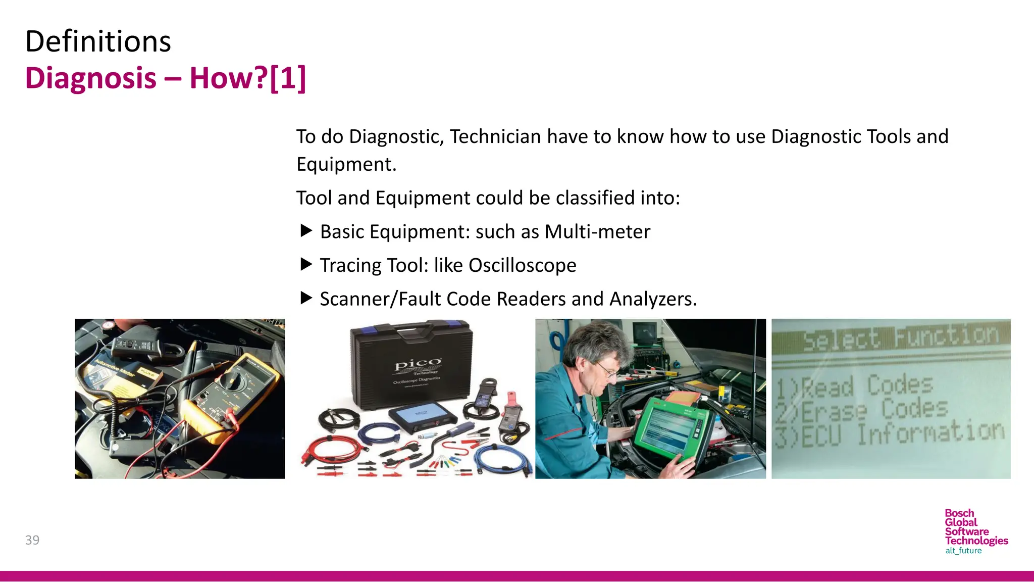 Definitions
Diagnosis – How?[1]
39
To do Diagnostic, Technician have to know how to use Diagnostic Tools and
Equipment.
Tool and Equipment could be classified into:
 Basic Equipment: such as Multi-meter
 Tracing Tool: like Oscilloscope
 Scanner/Fault Code Readers and Analyzers.
 