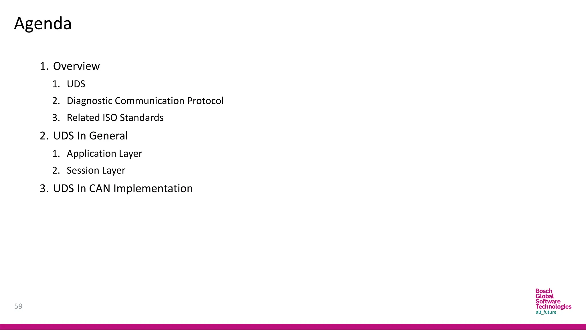 Agenda
59
1. Overview
1. UDS
2. Diagnostic Communication Protocol
3. Related ISO Standards
2. UDS In General
1. Application Layer
2. Session Layer
3. UDS In CAN Implementation
 