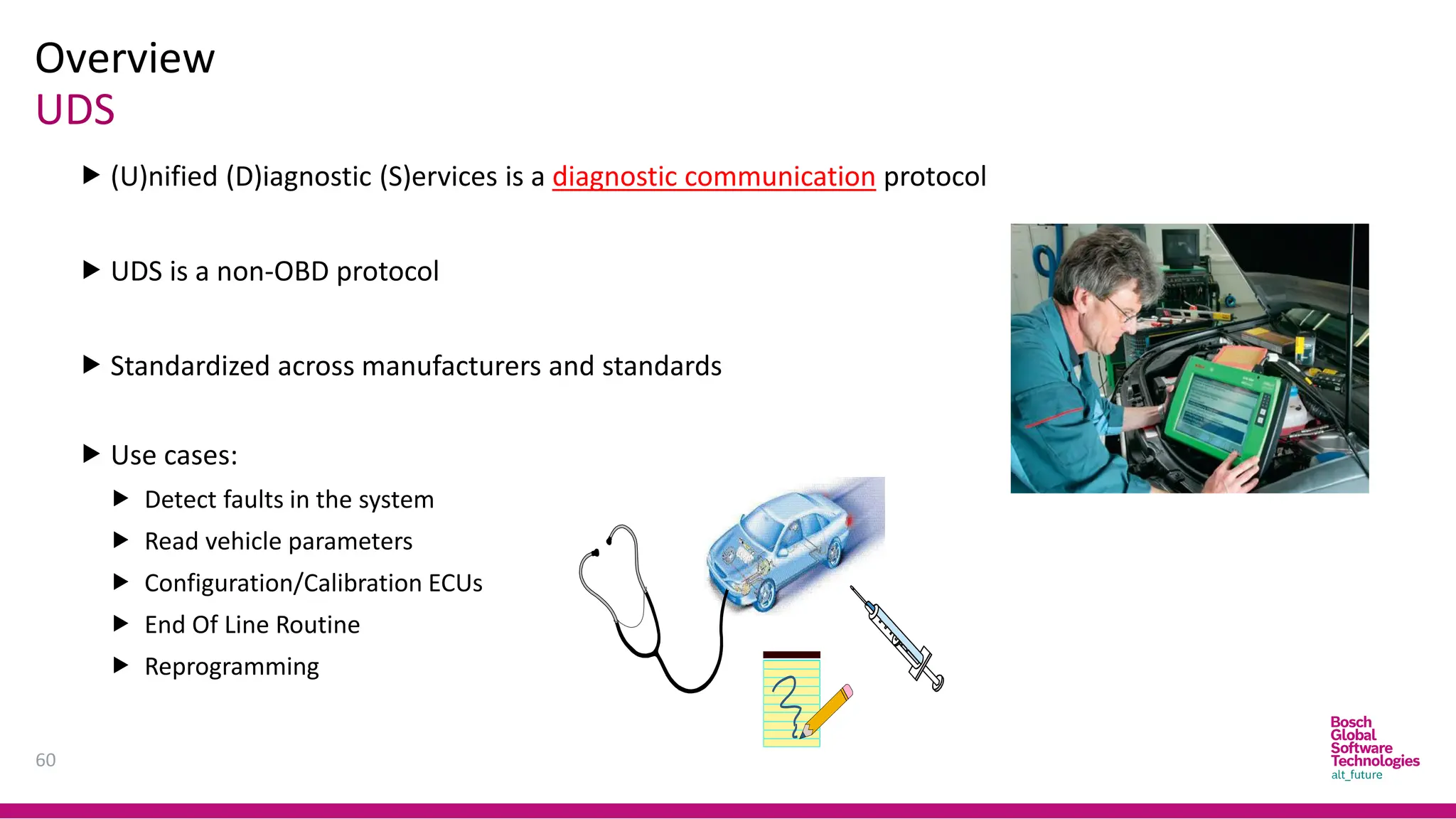 UDS
Overview
60
 (U)nified (D)iagnostic (S)ervices is a diagnostic communication protocol
 UDS is a non-OBD protocol
 Standardized across manufacturers and standards
 Use cases:
 Detect faults in the system
 Read vehicle parameters
 Configuration/Calibration ECUs
 End Of Line Routine
 Reprogramming
 