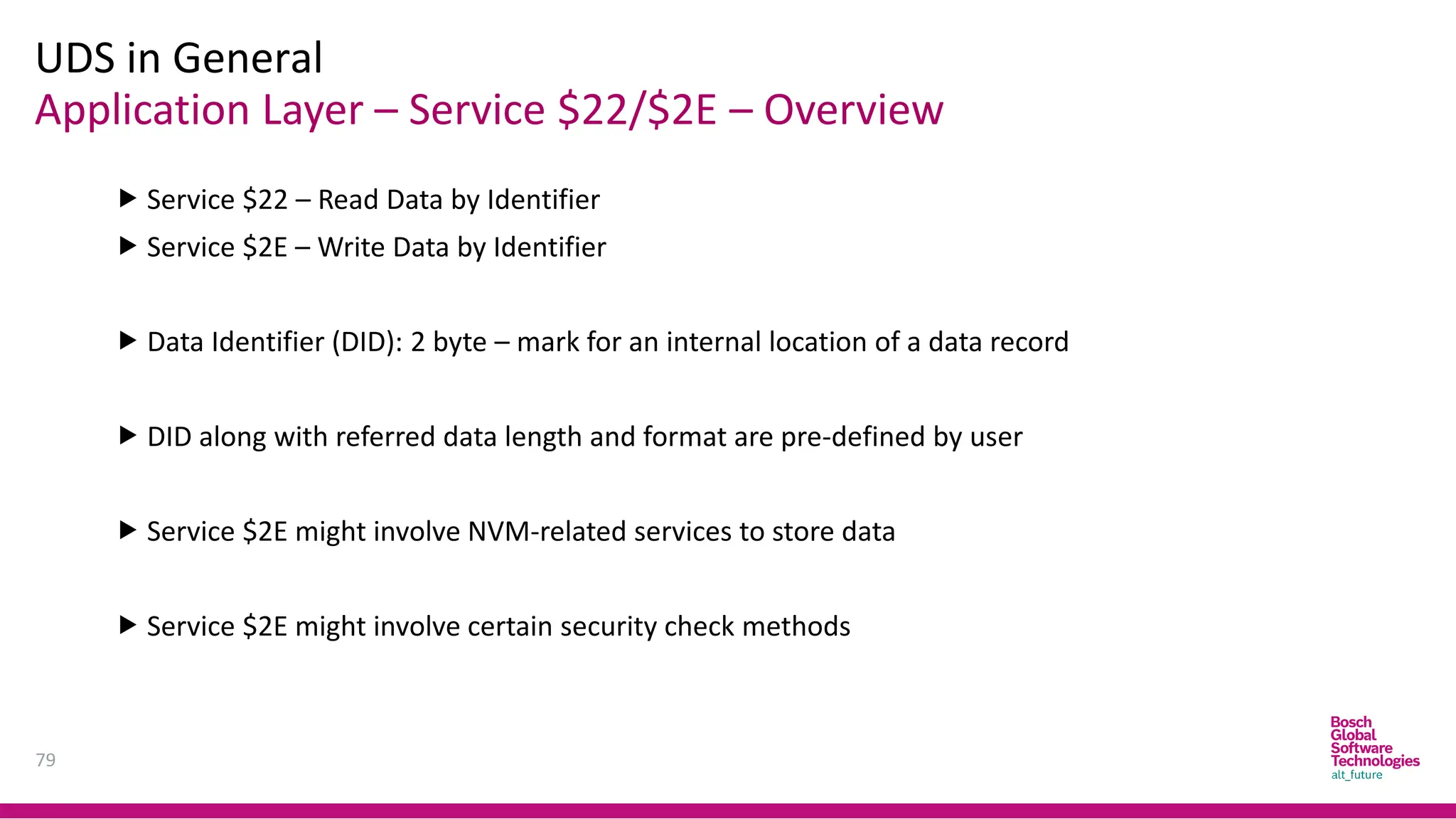 Application Layer – Service $22/$2E – Overview
UDS in General
79
 Service $22 – Read Data by Identifier
 Service $2E – Write Data by Identifier
 Data Identifier (DID): 2 byte – mark for an internal location of a data record
 DID along with referred data length and format are pre-defined by user
 Service $2E might involve NVM-related services to store data
 Service $2E might involve certain security check methods
 