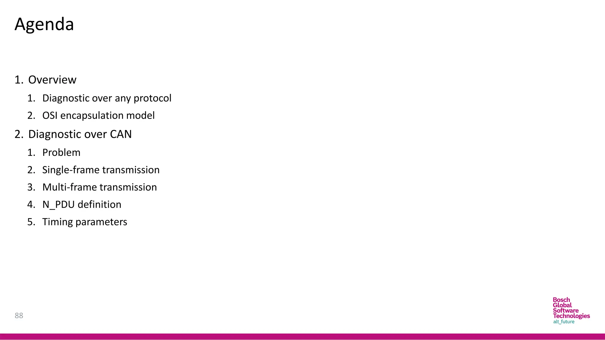 Agenda
88
1. Overview
1. Diagnostic over any protocol
2. OSI encapsulation model
2. Diagnostic over CAN
1. Problem
2. Single-frame transmission
3. Multi-frame transmission
4. N_PDU definition
5. Timing parameters
 