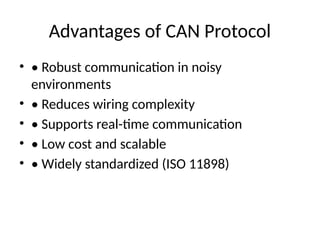 Advantages of CAN Protocol
• • Robust communication in noisy
environments
• • Reduces wiring complexity
• • Supports real-time communication
• • Low cost and scalable
• • Widely standardized (ISO 11898)
 