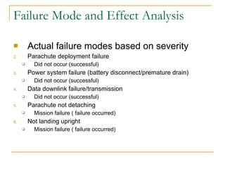 Failure Mode and Effect Analysis Actual failure modes based on severity Parachute deployment failure Did not occur (successful) Power system failure (battery disconnect/premature drain) Did not occur (successful) Data downlink failure/transmission  Did not occur (successful) Parachute not detaching Mission failure ( failure occurred) Not landing upright Mission failure ( failure occurred) 