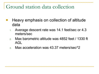 Ground station data collection Heavy emphasis on collection of altitude data Average descent rate was 14.1 feet/sec or 4.3 meters/sec Max barometric altitude was 4852 feet / 1330 ft AGL Max acceleration was 43.37 meters/sec^2 