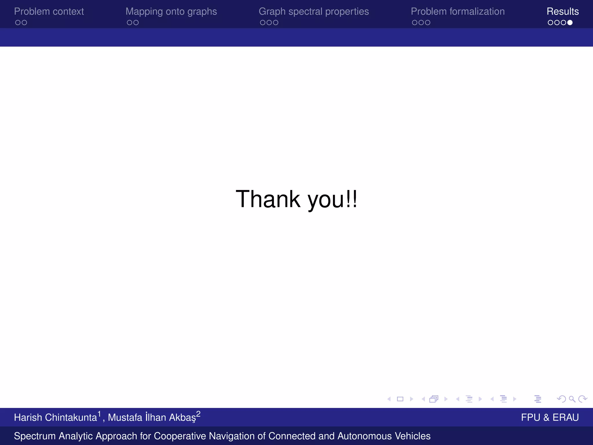 Problem context Mapping onto graphs Graph spectral properties Problem formalization Results
Thank you!!
Harish Chintakunta1
, Mustafa ˙Ilhan Akba¸s2
FPU & ERAU
Spectrum Analytic Approach for Cooperative Navigation of Connected and Autonomous Vehicles
 