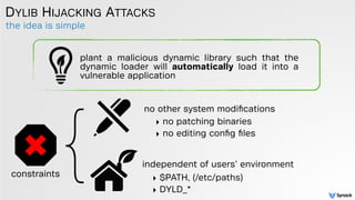 the idea is simple
DYLIB HIJACKING ATTACKS
plant a malicious dynamic library such that the
dynamic loader will automatically load it into a
vulnerable application
no other system modiﬁcations
independent of users’ environment}
‣ no patching binaries
‣ no editing conﬁg ﬁles
‣ $PATH, (/etc/paths)
‣ DYLD_*
constraints
 