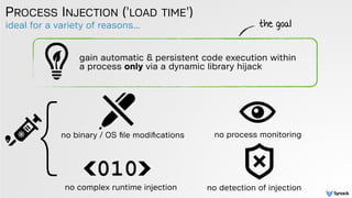 ideal for a variety of reasons...
PROCESS INJECTION ('LOAD TIME')
gain automatic & persistent code execution within
a process only via a dynamic library hijack
the goal
}no binary / OS ﬁle modiﬁcations no process monitoring
no complex runtime injection no detection of injection
<010>
 