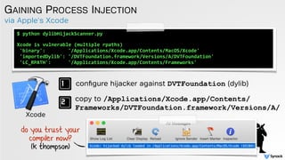 via Apple's Xcode
GAINING PROCESS INJECTION
$	
  python	
  dylibHijackScanner.py	
  	
  
 
Xcode	
  is	
  vulnerable	
  (multiple	
  rpaths)	
  
'binary':	
  	
  	
  	
  	
  	
  	
  	
  '/Applications/Xcode.app/Contents/MacOS/Xcode'	
  
'importedDylib':	
  '/DVTFoundation.framework/Versions/A/DVTFoundation'	
  	
  
'LC_RPATH':	
  	
  	
  	
  	
  	
  '/Applications/Xcode.app/Contents/Frameworks'
conﬁgure hijacker against DVTFoundation (dylib)
copy to /Applications/Xcode.app/Contents/
Frameworks/DVTFoundation.framework/Versions/A/
do you trust your
compiler now!?  
(k thompson)
Xcode
 
