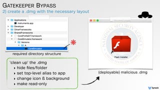 2) create a .dmg with the necessary layout
GATEKEEPER BYPASS
required directory structure
'clean up' the .dmg
‣ hide ﬁles/folder
‣ set top-level alias to app
‣ change icon & background
‣ make read-only
(deployable) malicious .dmg
 