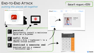 putting the pieces all together
END-TO-END ATTACK
persist
exfil file
download & execute cmd
persistently install a malicious
dylib as a hijacker
upload a file ('topSecret') to a
remote iCloud account
download and run a command
('Calculator.app')
doesn't require r00t!
 