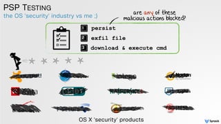ClamXav
LittleSnitch
Sophos
the OS 'security' industry vs me ;)
PSP TESTING
are any of these
malicious actions blocked?
persist
exfil file
download & execute cmd
OS X 'security' products
 