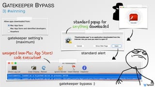 3) #winning
GATEKEEPER BYPASS
standard popup for
anything downloaded
gatekeeper setting's
(maximum)
standard alert
gatekee...