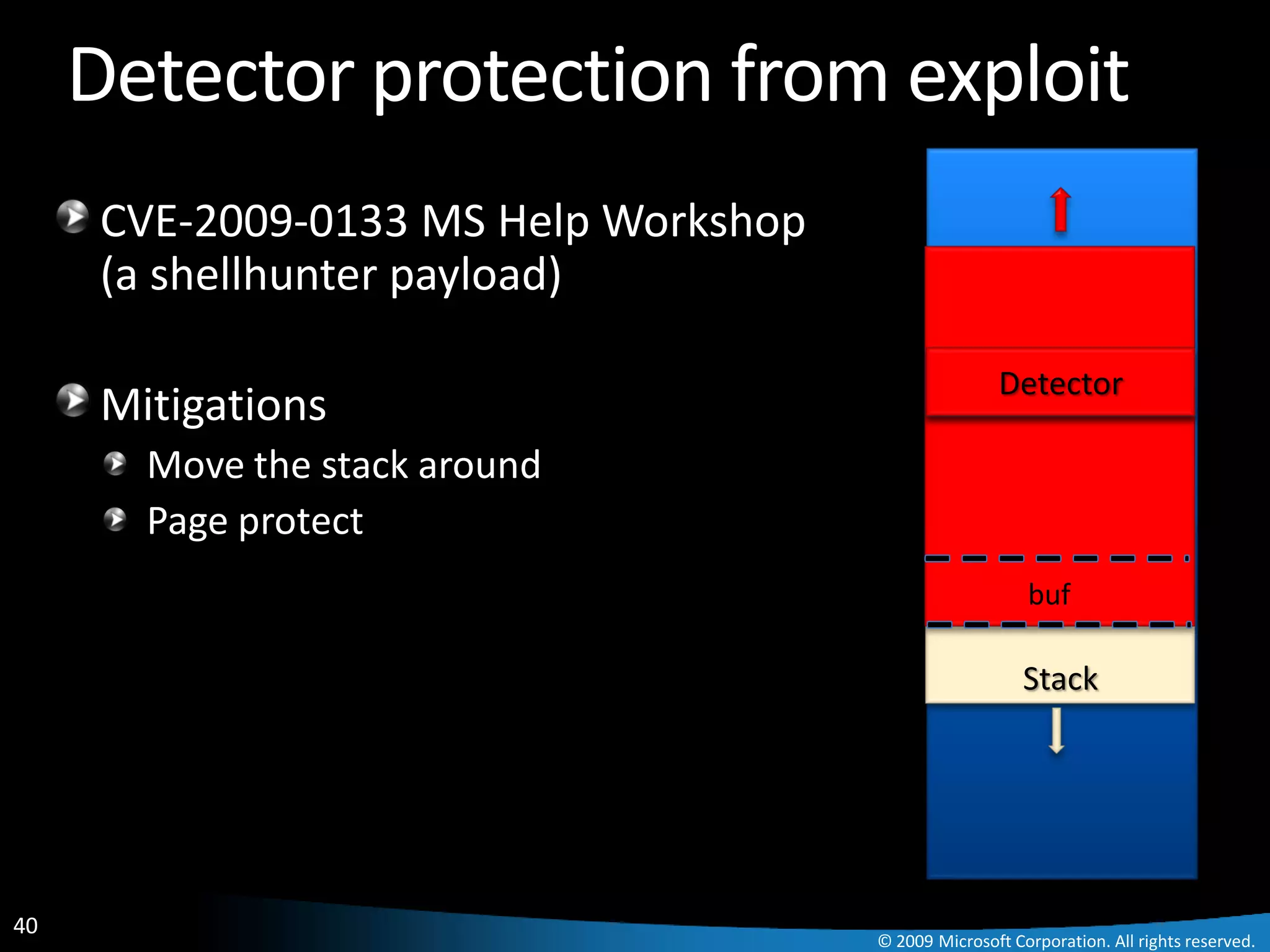 Detector protection from exploit
      CVE-2009-0133 MS Help Workshop
      (a shellhunter payload)

                                                       Detector
      Mitigations
        Move the stack around
        Page protect
                                                          buf

                                                          Stack




40
                                       © 2009 Microsoft Corporation. All rights reserved.
 