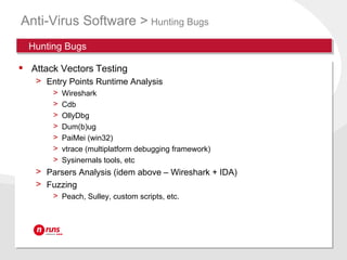  Attack Vectors Testing
> Entry Points Runtime Analysis
> Wireshark
> Cdb
> OllyDbg
> Dum(b)ug
> PaiMei (win32)
> vtrace ...