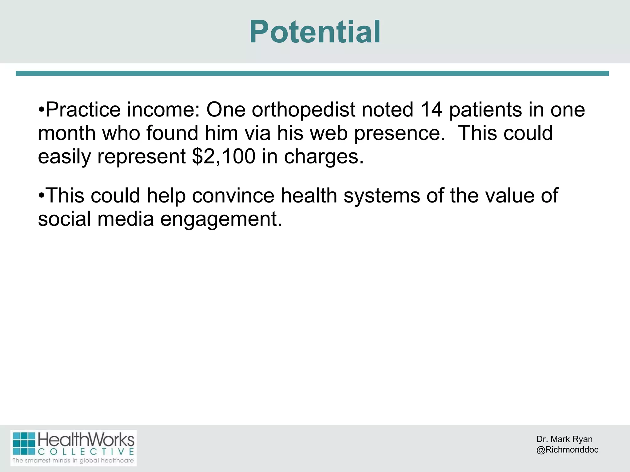 Practice income: One orthopedist noted 14 patients in one month who found him via his web presence.  This could easily represent $2,100 in charges.  This could help convince health systems of the value of social media engagement. Potential Dr. Mark Ryan @Richmonddoc 