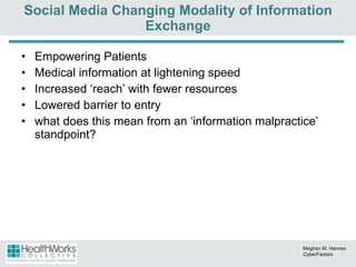 Empowering Patients Medical information at lightening speed Increased ‘reach’ with fewer resources Lowered barrier to entry what does this mean from an ‘information malpractice’ standpoint? Social Media Changing Modality of Information Exchange Meghan M. Hannes CyberFactors 