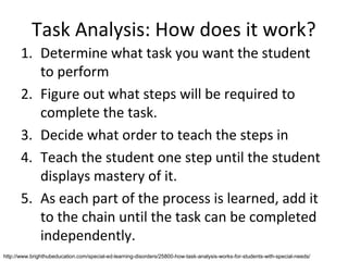 Task Analysis: How does it work?
       1. Determine what task you want the student
          to perform
       2. Figure out what steps will be required to
          complete the task.
       3. Decide what order to teach the steps in
       4. Teach the student one step until the student
          displays mastery of it.
       5. As each part of the process is learned, add it
          to the chain until the task can be completed
          independently.
http://www.brighthubeducation.com/special-ed-learning-disorders/25800-how-task-analysis-works-for-students-with-special-needs/
 