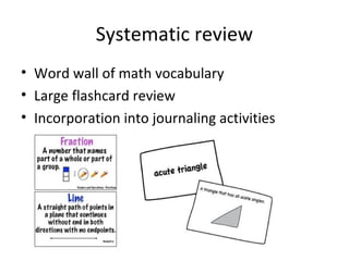 Systematic review
• Word wall of math vocabulary
• Large flashcard review
• Incorporation into journaling activities
 