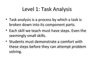 Level 1: Task Analysis
• Task analysis is a process by which a task is
  broken down into its component parts.
• Each skill we teach must have steps. Even the
  seemingly small skills.
• Students must demonstrate a comfort with
  these steps before they can attempt problem
  solving.
 