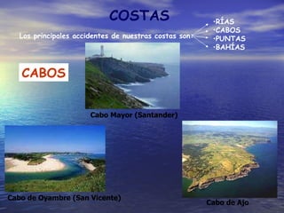 COSTAS Los principales accidentes de nuestras costas son: RÍAS CABOS PUNTAS BAHÍAS CABOS Cabo de Oyambre (San Vicente) Cabo de Ajo Cabo Mayor (Santander) 