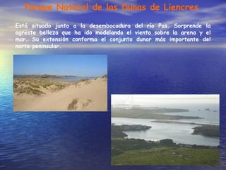 Parque Natural de las Dunas de Liencres
Está situado junto a la desembocadura del río Pas. Sorprende la
agreste belleza que ha ido modelando el viento sobre la arena y el
mar. Su extensión conforma el conjunto dunar más importante del
norte peninsular.
 