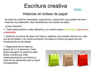 Escritura creativa
Historias en bolsas de papel
Se trata de combinar personajes, argumentos y escenarios que puedan dar pi...