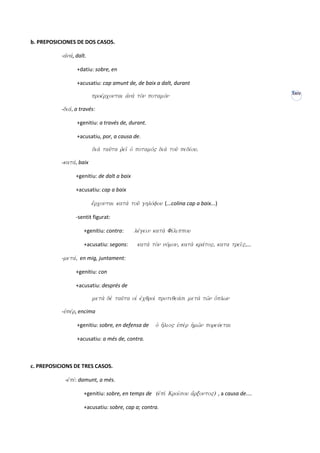 b. PREPOSICIONES DE DOS CASOS.

           -ajnav, dalt.

                   +datiu: sobre, en

                   +acusatiu: cap amunt de, de baix a dalt, durant
                                                                                                   XXIV
                           proevrcontai ajna; to;n potamovn

           -diav, a través:

                   +genitiu: a través de, durant.

                   +acusatiu, por, a causa de.

                           dia; tau'ta rjei' oJ potamov" dia; tou' pedivou.

           -katav, baix

                  +genitiu: de dalt a baix

                  +acusatiu: cap a baix

                           e[rcontai kata; tou' ghlovfou (...colina cap a baix...)

                  -sentit figurat:

                      +genitiu: contra:       levgein kata; Fivlippou

                      +acusatiu: segons:       kata; to;n novmon, kata; kravto", kata trei'",...

           -metav, en mig, juntament:

                  +genitiu: con

                  +acusatiu: després de

                           meta; de; tau'ta oiJ ejcqroi; protiqeavsi meta; tw'n o{plwn

           -uJpevr, encima

                   +genitiu: sobre, en defensa de      oJ h{lio" uJpe;r hJmw'n poreuvetai

                   +acusatiu: a més de, contra.



c. PREPOSICIONS DE TRES CASOS.

            -ejpiv: damunt, a més.

                      +genitiu: sobre, en temps de (ejpi; Kroivsou a[rxonto") , a causa de....

                      +acusatiu: sobre, cap a; contra.
 