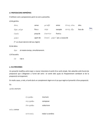 d. PREPOSICIONS IMPRÒPIES

S’utilitzen com a preposicions però no com a preverbis.

a) de genitiu:

      a[neu,                            sense         metaxuv         entre       e[nto", ei[sw   dins
                                                                                                                XXVI
      a[cri, mevcri                     fins a        plhvn           excepte     ejktov", e[xw   fora de

      ejgguv"                           prop de       ejnantivon      front a

      cwvri"                            apart de      e{neka*, cavrin* por, a causa de

      (*: es situen darrere del seu règim)

b) de datiu:

      a{ma       al mateix temps, simultàniament.

c) d’acusatiu

      wJ"        cap a.



e. ELS PREVERBIS

Un preverbi modifica amb major o menor intensitat el sentit d’un verb simple. Són adverbis amb funció de
preposició que s’afegeixen a l’arrel del verb i el sentit dels quals és freqüentment semblant al de la
preposició corresponent.

En molts casos, a més, el verb durà un complement règim en el cas que regiria el preverbi si fora preposició.

Ex:

gravfw escriure



                          ejg-gravfw               inscriure

                          sug-gravfw               composar

                          uJpo-gravfw              subscriure

kaivw: cremar

                          kata-kaivw               reduir a cendres
 