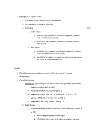 2. Participi: és un adjectiu verbal

            a. Com a verb, pot dur els seus propis complements.

            b. Com a adjectiu, modifica un substantiu

            c. FUNCIONS:                                                                     XXXVI


                     i. SENSE article:

                            1. APOSITIU (concerta amb un substantiu en gènere, nombre i
                               cas) - es tradueix per gerundi.

                            2. PREDICATIU (del SUBJECTE, amb verbs de percepció física o
                               intel·lectual)

                    ii. AMB article:

                            1. ATRIBUTIU (concerta amb un substantiu en gènere, nombre i
                               cas) - es tradueix per oració de relatiu

                            2. SUBSTANTIVAT (NO concerta amb cap substantiu) – es tradueix
                               per oració de relatiu substantivada.



L’oració:

    1. L’oració simple: composta per un verb en forma personal i els seus
        complements.
    2. L’oració complexa:
            a. Coordinada: composta per dos o més verbs units per nexes coordinants.
                     i. Nexes copulatius: καί, τε καὶ (i)
                    ii. Nexes adversatius:, ἀλλὰ (sinó/ però…),
                   iii. Nexes distributius: μὲν… δὲ…(d’una banda... d’altra....; οὐ
                        μόνον… ἀλλὰ καί… (no sols… sinó també…)
                   iv. Nexes explicatius: γὰρ (doncs…, ja que... )
            b. Subordinada
                     i. SUBSTANTIVA (equival a un substantiu, funciona com a SUBJECTE
                        o CD).
                            1. Introduïda per la conjunció ὅτι (que)
                            2. Infinitiu No Concertat: amb subjecte propi en acusatiu.
 
