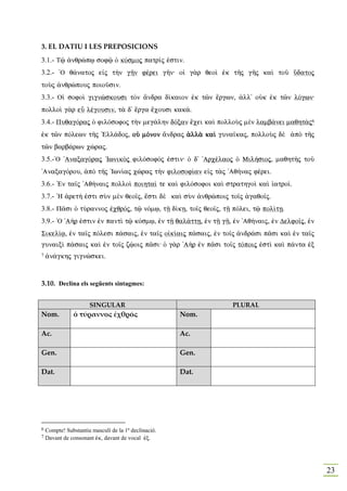 3. EL DATIU I LES PREPOSICIONS
3.1.- Tù ¢nqrèpJ sofù Ð kÒsmoj patr…j ™stin.
3.2.- `O q£natoj e„j t¾n gÁn fšrei gÁn: oƒ g¦r qeoˆ ™k tÁj gÁj kaˆ toà Ûdatoj
toÝj ¢nqrèpouj poioàsin.
3.3.- Oƒ sofoˆ gignèskousi tÕn ¥ndra d…kaion ™k tîn œrgwn, ¢ll' oÙk ™k tîn lÒgwn:
polloˆ g¦r eâ lšgousin, t¦ d' œrga œcousi kak£.
3.4.- PuqagÒraj Ð filÒsofoj t¾n meg£lhn dÒxan œcei kaˆ polloÝj mὲn lamb£nei maqht¦j6
™k tîn pÒlewn tÁj `Ell£doj, oÙ mÒnon ¥ndraj ¢ll¦ kaˆ guna‹kaj, polloÝj dὲ ¢pÕ tÁj
tîn barb£rwn cèraj.
3.5.-`O 'AnaxagÒraj 'IwnikÕj filÒsofÒj ™stin: Ð d' 'Arcšlaoj Ð Mil»sioj, maqht¾j toà
'AnaxagÒrou, ¢pÕ tÁj 'Iwn…aj cèraj t¾n filosof…an e„j t¦j 'Aq»naj fšrei.
3.6.- 'En ta‹j 'Aq»naij polloˆ poihta… te kaˆ filÒsofoi kaˆ strathgoˆ kaˆ „atro….
3.7.- `H ¢ret» ™sti sÝn mὲn qeo‹j, œsti dὲ kaˆ sÝn ¢nqrèpoij to‹j ¢gaqo‹j.
3.8.- P©si Ð tÚrannoj ™cqrÒj, tù nÒmJ, tÍ d…kV, to‹j qeo‹j, tÍ pÒlei, tù pol…tV.
3.9.- `O 'A»r ™stin ™n pantˆ tù kÒsmJ, ™n tÍ qal£ttV, ™n tÍ gÍ, ™n 'Aq»naij, ™n Delfo‹j, ™n
Sikel…v, ™n ta‹j pÒlesi p£saij, ™n ta‹j o„k…aij p£saij, ™n to‹j ¢ndr£si p©si kaˆ ™n ta‹j
gunaixˆ p£saij kaˆ ™n to‹j zóoij p©si: Ð g¦r 'A¾r ™n p©si to‹j tÒpoij ™stˆ kaˆ p£nta ™x
7   ¢n£gkhj gignèskei.


3.10. Declina els següents sintagmes:


                      SINGULAR                                 PLURAL
Nom.           ὁ τύραννος ἐχθρός                      Nom.

Ac.                                                   Ac.

Gen.                                                  Gen.

Dat.                                                  Dat.




6   Compte! Substantiu masculí de la 1ª declinació.
7   Davant de consonant ™k, davant de vocal ™x.




                                                                                              23
 