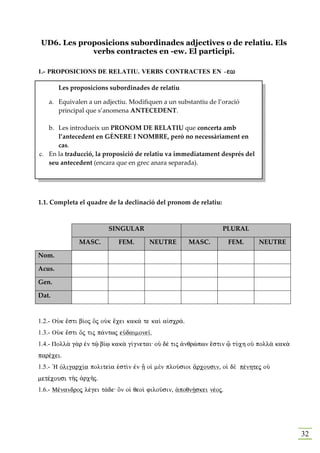 UD6. Les proposicions subordinades adjectives o de relatiu. Els
             verbs contractes en -ew. El participi.

1.- PROPOSICIO S DE RELATIU. VERBS CO TRACTES E                   -ew

        Les proposicions subordinades de relatiu

   a. Equivalen a un adjectiu. Modifiquen a un substantiu de l’oració
      principal que s’anomena ANTECEDENT.

   b. Les introdueix un PRONOM DE RELATIU que concerta amb
      l’antecedent en GÈNERE I NOMBRE, però no necessàriament en
      cas.
c. En la traducció, la proposició de relatiu va immediatament després del
   seu antecedent (encara que en grec anara separada).




1.1. Completa el quadre de la declinació del pronom de relatiu:



                        SINGULAR                                  PLURAL

              MASC.         FEM.       NEUTRE         MASC.         FEM.     NEUTRE

Nom.

Acus.

Gen.

Dat.


1.2.- OÙk œsti b…oj Öj oÙk œcei kak£ te kaˆ a„scr£.
1.3.- OÙk œsti Ój tij p£ntwj eÙdaimone‹.
1.4.- Poll¦ g¦r ™n tù b…J kak¦ g…gnetai: oÙ dš tij ¢nqrèpwn œstin ú tÚch oÙ poll¦ kak¦
paršcei.
1.5.- `H Ñligarc…a polite…a ™stˆn ™n Î oƒ mὲn ploÚsioi ¥rcousin, oƒ dὲ pšnhtej oÙ
metšcousi tÁj ¢rcÁj.
1.6.- Mšnandroj lšgei t£de: Ön oƒ qeoˆ filoàsin, ¢poqnÇskei nšoj.




                                                                                         32
 