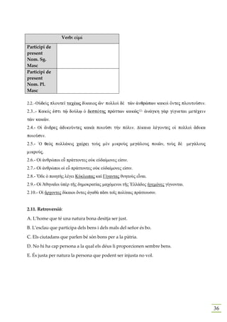 Verb: εἰμί

Participi de
present
Nom. Sg.
Masc
Participi de
present
Nom. Pl.
Masc

2.2.-OÙdeˆj ploute‹ tacšwj d…kaioj ên: polloˆ dὲ tîn ¢nqrèpwn kakoˆ Ôntej ploutoàsin.
2.3..- KakÒς ™sti tù doÚlJ Ð despÒthj pr£ttwn kakîj12: ¢n£gkh g¦r g…gnetai metšcein
tîn kakîn.
2.4.- Oƒ ¥ndrej ¢dikoàntej kak¦ poioàsi t¾n pÒlin. D…kaia lšgontej oƒ polloˆ ¥dika
poioàsin.
2.5.- `O qeÕj poll£kij ca…rei toÝj mὲn mikroÝj meg£louj poiîn, toÝj dὲ meg£louj
mikroÚj.
2.6.- Οἱ ἀνθρώποι εὖ πράττοντες οὐκ εὐδαίµονες εἰσιν.
2.7.- Οἱ ἀνθρώποι οἱ εὖ πράττοντες οὐκ εὐδαίµονες εἰσιν.
2.8.- Ὅδε ὁ ποιητὴς λέγει Κύκλωπας καὶ Γίγαντας θνητοὺς εἶναι.
2.9.- Οἱ Ἀθηναῖοι ὑπὲρ τῆς δηµοκρατίας µαχόµενοι τῆς Ἑλλάδος ἡγεµόνες γίγνονται.
2.10.- Οἱ ἄρχοντες δίκαιοι ὄντες ἀγαθὰ πᾶσι τοῖς πολίταις πράττουσιν.


2.11. Retroversió:

A. L’home que té una natura bona desitja ser just.

B. L’esclau que participa dels bens i dels mals del señor és bo.

C. Els ciutadans que parlen bé són bons per a la pàtria.

D. No hi ha cap persona a la qual els déus li proporcionen sembre bens.

E. És justa per natura la persona que podent ser injusta no vol.




                                                                                        36
 
