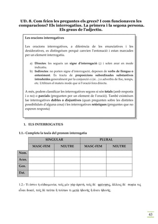 UD. 8. Com feien les preguntes els grecs? I com funcionaven les
comparacions? Els interrogatius. La primera i la segona persona.
                     Els graus de l’adjectiu.

       Les oracions interrogatives

       Les oracions interrogatives, a diferència de les enunciatives i les
       desideratives, es distingeixen perquè canvien l’entonació i estan marcades
       per un element interrogatiu.

          a) Directes: les segueix un signe d’interrogació (;) i solen anar en mode
             indicatiu.
          b) Indirectes: no porten signe d’interrogació, depenen de verbs de llengua o
             enteniment. Es tracta de proposicions subordinades substantives
             introduïdes generalment per la conjunció εἰ (si…) o adverbis de lloc, temps,
             etc. Utilitzen el mateix mode que si l’oració fora directa.

       A més, podem classificar les interrogatives segons si són totals (amb resposta
       í o no) o parcials (pregunten per un element de l’oració). També existeixen
       lae interrogatives dobles o disjuntives (quan pregunten sobre les distintes
       possibilidats d’alguna cosa) i les interrogatives retòriques (preguntes que no
       esperen resposta)



   1. ELS INTERROGATIUS

1.1.- Completa la taula del pronom interrogatiu

                     SINGULAR                                  PLURAL

            MASC-FEM             NEUTRE            MASC-FEM              NEUTRE

Nom.

Acus.

Gen.

Dat.


1.2.- T… ™stin ¹ eÙdaimon…a; to‹j mὲn g¦r ¢ret», to‹j dὲ frÒnhsij, ¥lloij dὲ sof…a tij
eἶnai doke‹, to‹j dὲ taàta À toÚtwn ti met¦ ¹donÁj À ¥neu ¹donÁj.




                                                                                            43
 