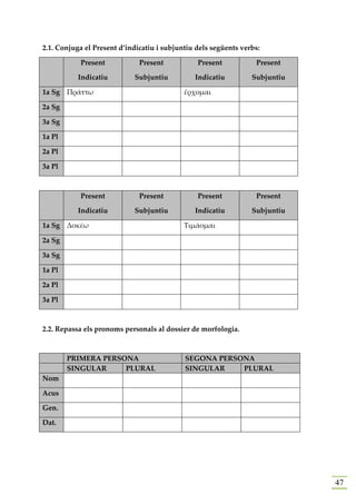 2.1. Conjuga el Present d’indicatiu i subjuntiu dels següents verbs:

           Present            Present           Present           Present

           Indicatiu        Subjuntiu          Indicatiu         Subjuntiu

1a Sg Πράττω                                ἔρχομαι

2a Sg

3a Sg

1a Pl

2a Pl

3a Pl



           Present            Present           Present           Present

           Indicatiu        Subjuntiu          Indicatiu         Subjuntiu

1a Sg Δοκέω                                 Τιμάομαι

2a Sg

3a Sg

1a Pl

2a Pl

3a Pl



2.2. Repassa els pronoms personals al dossier de morfologia.



        PRIMERA PERSONA                     SEGONA PERSONA
        SINGULAR     PLURAL                 SINGULAR    PLURAL
Nom

Acus

Gen.

Dat.




                                                                             47
 